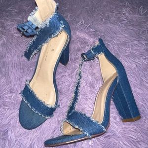 Olivia Furgeson Shoes Frayed Denim Chunky Heels With Ankle Buckle Detail